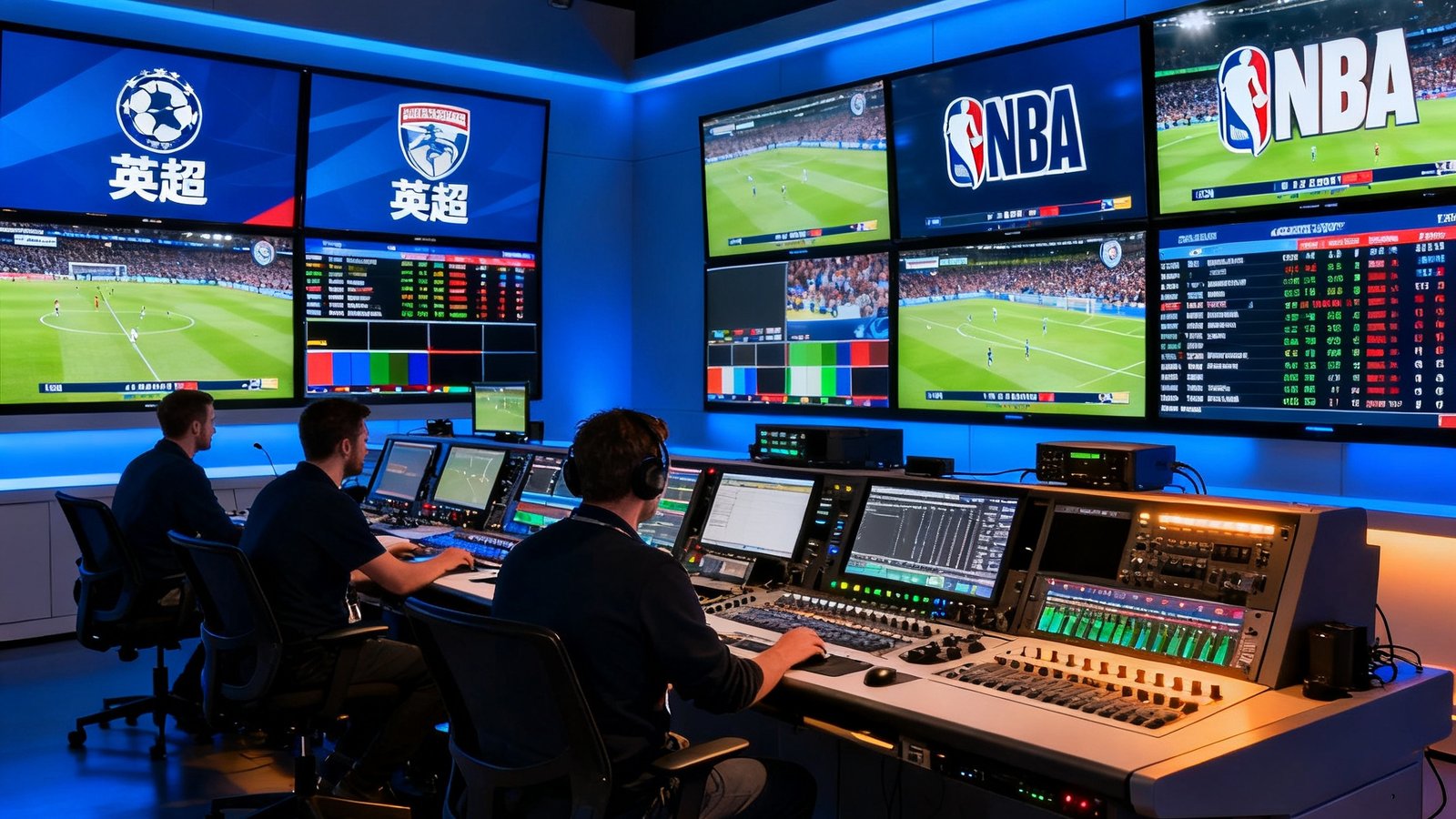 现代化体育直播演播室全景画面，多块高清屏幕同时显示着英超、NBA等不同联赛的实时直播信号源，技术人员正在监控全球赛事数据流。