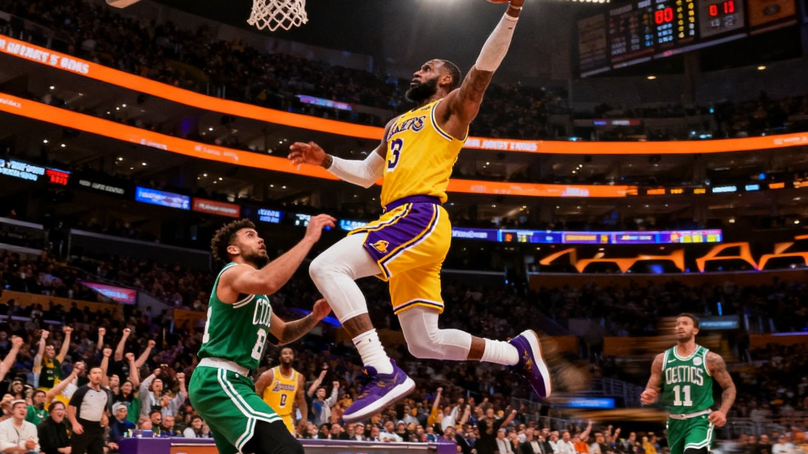 NBA常规赛洛杉矶湖人队在斯台普斯中心主场对阵波士顿凯尔特人队的直播画面，球员正在快攻上篮。